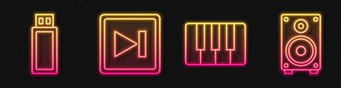 Satır müzik sentezleyicisi, USB flash disk, ileri sarma ve Stereo hoparlörü. Parlayan neon ikonu. Vektör.