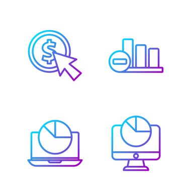 Çizgi bilgisayar monitörünü grafik grafikli dizüstü bilgisayar, İmleç ve para ve turta grafiği bilgisiyle ayarla. Renk simgeleri. Vektör.