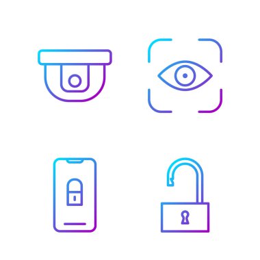 Hat açık asma kilit, mobil kilit kapalı, hareket sensörü ve göz taraması. Renk simgeleri. Vektör İllüstrasyonu.