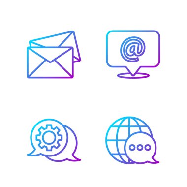 Konuşma baloncuğu, konuşma balonu sohbeti, Zarf ve Posta ve e-postadan yapılmış dünya haritasını ayarla. Renk simgeleri. Vektör.