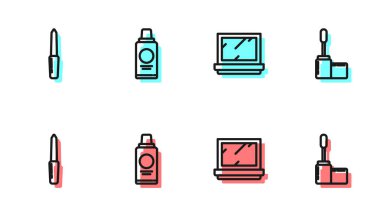 Makyaj tozunu ayna, tırnak törpüsü, şampuan şişesi ve Mascara fırça ikonu ile ayarla. Vektör.