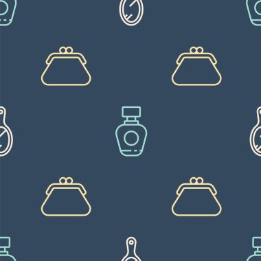 El aynası, debriyaj çantası ve parfümü kusursuz desenlere ayarlayın. Vektör.