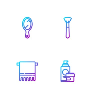 Krem veya losyon kozmetik tüpü, havlu askısı, el aynası ve makyaj fırçasını ayarla. Renk simgeleri. Vektör.