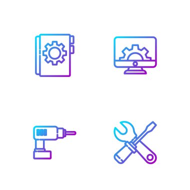 Tornavida, anahtar anahtarı, elektrikli matkap, kullanıcı el bilgisayarı ve bilgisayar monitörlerini ayarla. Renk simgeleri. Vektör.