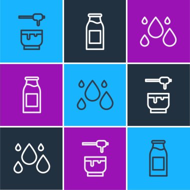 Misinayı ayarla Bal Dipper çubuğu ve kase, su damlası ve süt ikonlu şişe. Vektör.