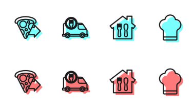 İnternetten sipariş ve teslimat, pizza siparişi, arabayla hızlı ve şef şapkası ikonu. Vektör.