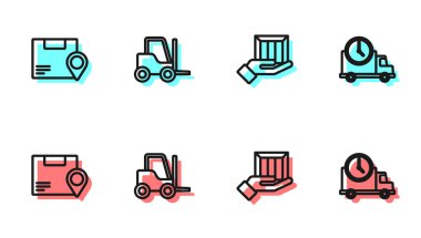 Çizgi teslimat elini kutularla, konum kartonu, forklift kamyonu ve lojistik dağıtım saat simgesiyle ayarla. Vektör.