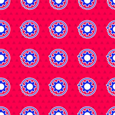 İş akışı konsepti simgesi olarak mavi dişli ve oklar kırmızı arkaplanda izole edilmiş pürüzsüz desen. Vites doldurma tabelası. Vektör İllüstrasyonu.