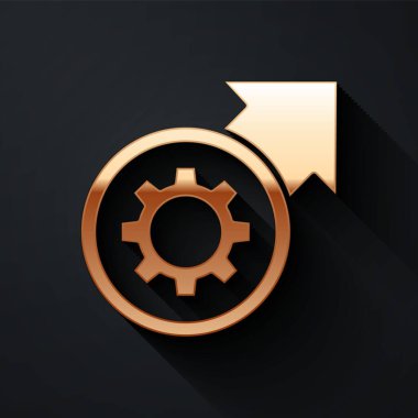 İş akışı konsepti simgesi olarak altın dişli ve oklar siyah arkaplanda izole edildi. Vites doldurma tabelası. Uzun gölge tarzı. Vektör İllüstrasyonu.