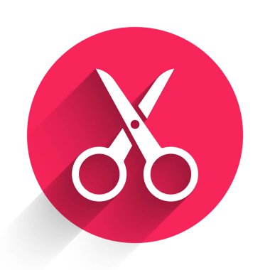 Beyaz Makas simgesi uzun gölgeli izole edilmiş. Alet kesme işareti. Kırmızı daire düğmesi. Vektör İllüstrasyonu.