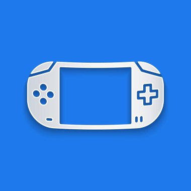 Kağıt kesimi portatif oyun konsolu simgesi mavi arkaplanda izole edildi. Av alanı tabelası. Oyun konsepti. Kağıt sanatı tarzı. Vektör İllüstrasyonu.