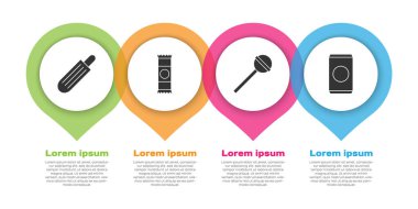 Sosisli sandviç, çikolatalı çikolata, lolipop ve samanla soda koy. Ticari bilgi şablonu. Vektör.