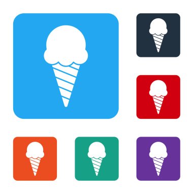 Beyaz arka planda izole edilmiş waffle külahında beyaz dondurma. Güzel sembol. Renkli kare düğmelerle simgeleri ayarla. Vektör İllüstrasyonu.