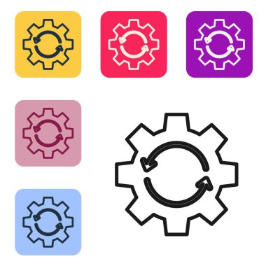 İş akışı konsepti simgesi olarak siyah çizgi dişlisi ve oklar beyaz arkaplanda izole edildi. Vites doldurma tabelası. Renkli kare düğmelerle simgeleri ayarla. Vektör İllüstrasyonu.