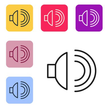 Siyah çizgi hoparlör sesi, ses sembolü, beyaz arkaplanda izole edilmiş medya müzik simgesi. Renkli kare düğmelerle simgeleri ayarla. Vektör İllüstrasyonu.