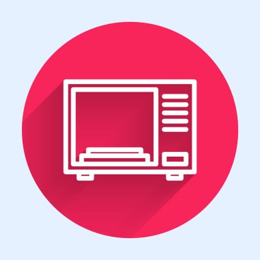 Beyaz çizgi mikrodalga fırın ikonu uzun gölgeli izole edilmiş. Ev aletleri simgesi. Kırmızı daire düğmesi. Vektör İllüstrasyonu.