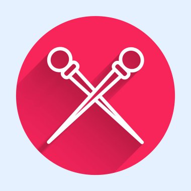 Beyaz çizgili örgü iğneleri uzun gölgeli izole edilmiş. El yapımı, örgü ya da terzi için etiket. Kırmızı daire düğmesi. Vektör İllüstrasyonu.