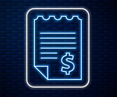 Parlayan neon hattı kağıt ya da finansal kontrol simgesi tuğla duvar arka planında izole edilmiş. Kağıt baskı çeki, makbuz ya da fatura. Vektör İllüstrasyonu.