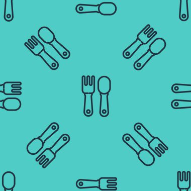Siyah çizgi çatal ve kaşık ikonu yeşil arka planda izole edilmiş pürüzsüz desen. Mutfak aletleri. Çatal bıçak seti. Vektör İllüstrasyonu.