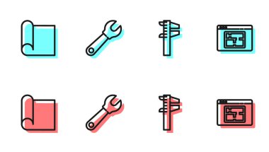 Calliper, Caliper ve Skaler, Mühendislik için Grafik kağıdı, İngiliz anahtarı ve Ev planı simgesi ayarlayın. Vektör.