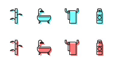 Havluyu askıya koyun, Bambu yapraklar, küvet ve krem ya da losyon kozmetik tüp ikonu ile saplanır. Vektör.