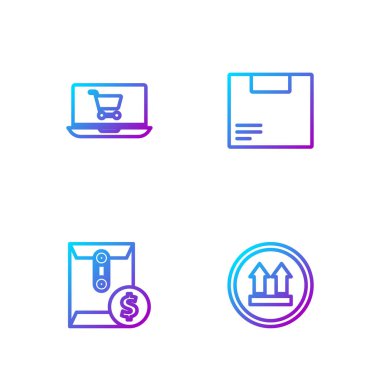 Sırayı bu tarafa çevir dolar sembollü zarf dizüstü bilgisayarda alışveriş arabası ve karton kutu. Renk simgeleri. Vektör.