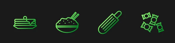 设置线法国热狗 成堆的煎饼 米饭与筷子和糖果碗 明亮的色彩图标 — 图库矢量图片