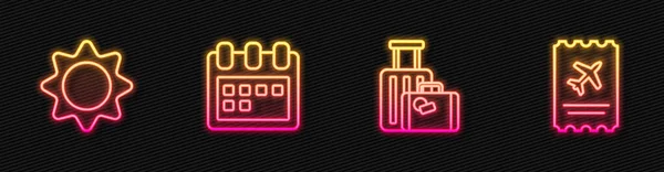 Set Line Suitcase Sun Calendar Vliegticket Een Gloeiend Neon Icoon — Stockvector