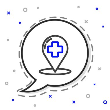 Çizgi Medikal Harita İşaretleyicisi, beyaz arka planda çapraz hastane simgesi var. Renkli taslak konsepti. Vektör İllüstrasyonu