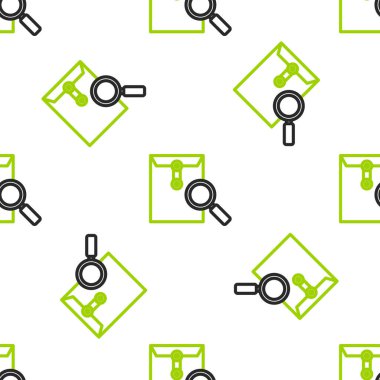 Büyüteç simgesine sahip çizgi zarfları beyaz arkaplanda izole edilmiş kusursuz desen. Vektör İllüstrasyonu.