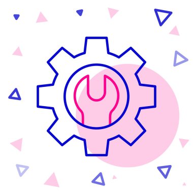 Çizgi anahtarı ve dişli simgesi beyaz arkaplanda izole edildi. Ayarlama, servis, ayar, bakım, onarım, onarım. Renkli taslak konsepti. Vektör İllüstrasyonu.