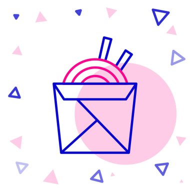 Karton kutuda Asya erişteleri ve beyaz arka planda izole edilmiş yemek çubukları ikonu. Sokak yemeği. Kore, Japon, Çin yemekleri. Renkli taslak konsepti. Vektör İllüstrasyonu.