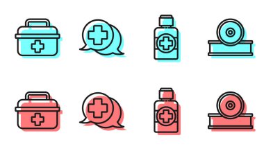 İlaç şurubu, ilk yardım çantası, doktorla diyalog ve Otolaryngological baş yansıtıcı ikonu hazırlayın. Vektör.