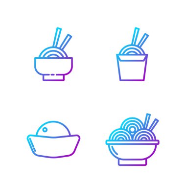 Tabakta Asya eriştesi, suşi, kasede Asya eriştesi, karton kutuda Asya eriştesi ve yemek çubuğu. Renk simgeleri. Vektör.