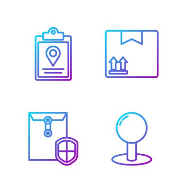 Replik Push pimi, Kalkanlı Zarf, İzleme İşaretleme Sistemi ve trafik sembollü karton kutu. Renk simgeleri. Vektör.