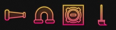 Kanalizasyon kapağını, endüstriyel metalik boruyu, endüstriyel metalik boruyu ve paspası ayarla. Parlayan neon ikonu. Vektör.