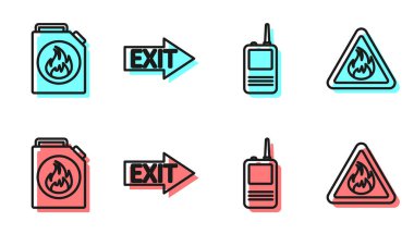 Telsiz hattı, yanıcı sıvılar için tüp, yangın çıkışı ve üçgen ikonda yangın alevi ayarlayın. Vektör.