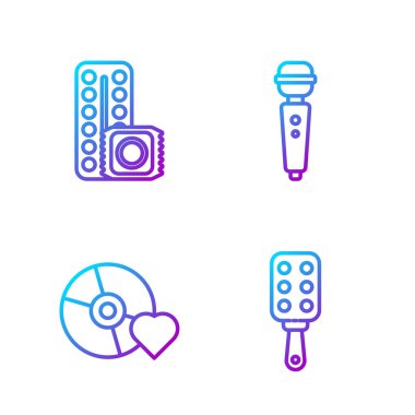 Set line Spanking paddle, Adult label on compact disc, Birth control pills and condom and Dildo vibrator. Gradient color icons. Vector.