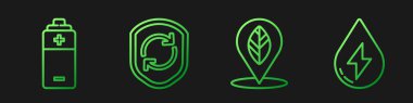 Çizgi konumunu yaprak, pil, geri dönüşüm sembolü kalkan ve su enerjisi ile ayarla. Renk simgeleri. Vektör.