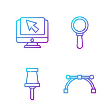 Bezier eğrisi, Push pimi, bilgisayar monitörü, imleç ve büyüteç ayarla. Renk simgeleri. Vektör.