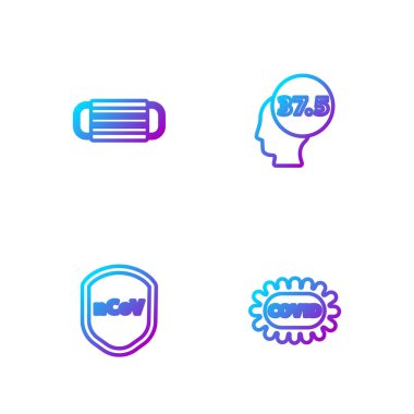 Corona virüsü covid-19, kalkan koruması, tıbbi koruyucu maske ve yüksek vücut ısısı ayarlayın. Renk simgeleri. Vektör.