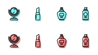 Parfüm, yuvarlak makyaj aynası, ruj ve saç spreyi ikonu için sprey kutusu. Vektör.