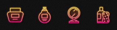 Yuvarlak makyaj aynası, krem losyon kozmetik tüp, parfüm ve bir şişe şampuan ve sünger. Parlayan neon ikonu. Vektör.