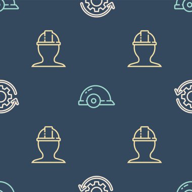 Dişlileri ve okları iş akışı, işçi kaskı ve kusursuz desen olarak ayarlayın. Vektör.