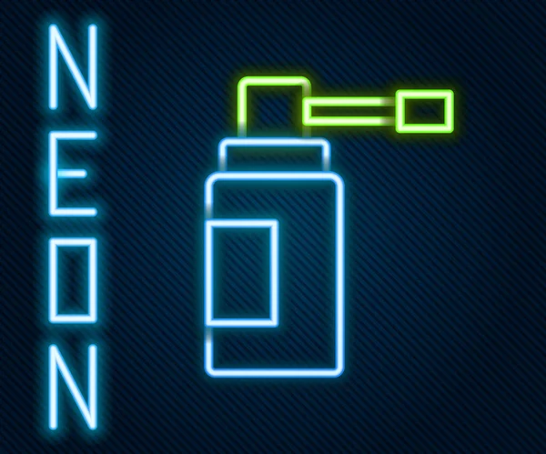 Gloeiende neon lijn Medische fles met sproeier spray voor de behandeling van ziekten van de neus en keel pictogram geïsoleerd op zwarte achtergrond. Kleurrijk concept. Vector Illustratie — Stockvector