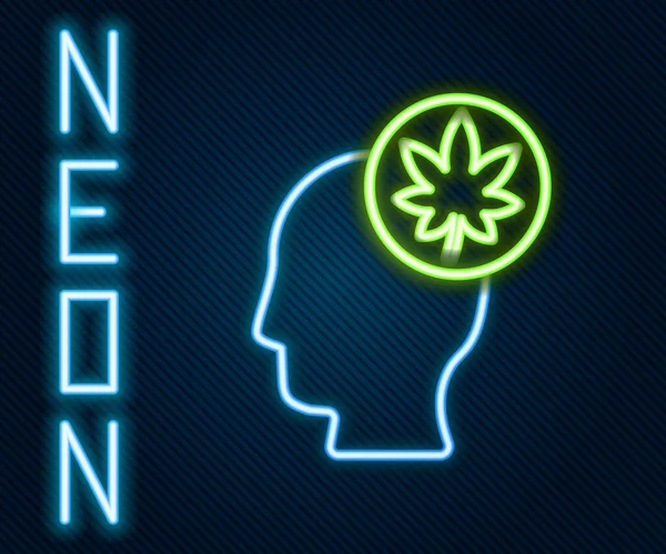 Glödande Neon Linje Mänskligt Huvud Med Blad Ikon Isolerad Svart — Stock vektor