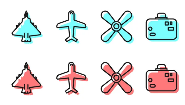 Set Line Plane Propeller Jet Fighter Plane Suitcase Icon Vector — Stock Vector