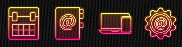 设置线监视器和电话 通讯录 邮件和电子邮件 发光的霓虹灯图标 — 图库矢量图片
