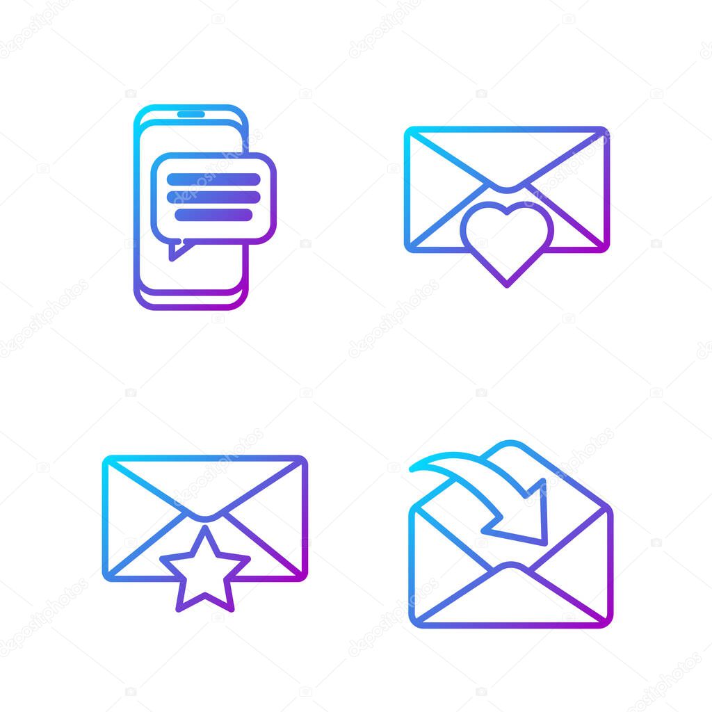 Set line Envelope, Envelope with star, Chat messages notification on phone and Envelope with Valentine heart. Gradient color icons. Vector.