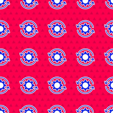 İş akışı konsepti simgesi olarak mavi dişli ve oklar kırmızı arkaplanda izole edilmiş pürüzsüz desen. Vites doldurma tabelası. Vektör İllüstrasyonu.